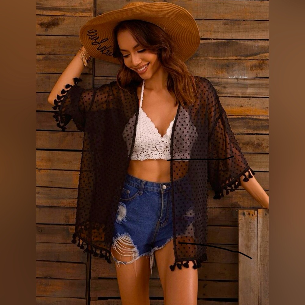 Black mesh tassel hem kimono